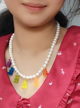 树脂小熊不掉色人造水晶珍珠项链