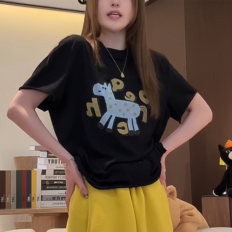韩版小马字母印花卷边短袖T恤女春夏大码内搭上衣体恤卡通打底衫,淘宝优惠券,粉丝福利购,淘宝优惠卷