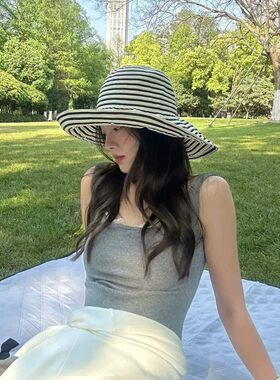 韩系黑色条纹防晒渔夫帽女夏大头围可折叠遮阳帽子大帽檐太阳帽