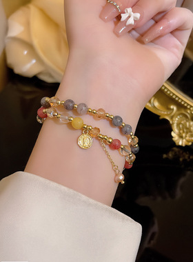 双层串珠仿玉髓手链女轻奢复古叠戴手串ins小众设计手饰