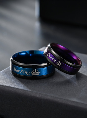 欧美跨境复古 her king his queen戒指情侣钛钢对戒指环饰品