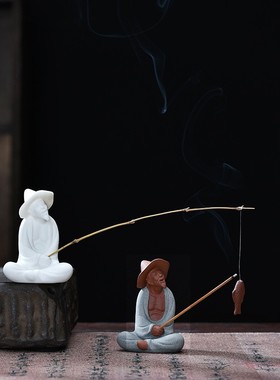 创意陶瓷人物姜太公钓鱼老翁摆件微景观渔翁水族流水器造景装饰品