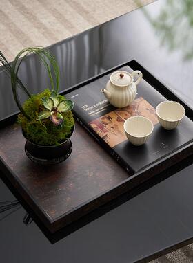 原木风酒店民宿接待区茶几上自然系陶瓷茶具木质藤编托盘组合套装