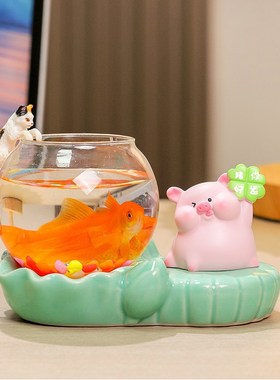 新款可爱小猪客厅办公室工位桌面装饰水培花盆陶瓷治愈系家居摆件