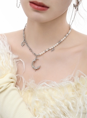 金属熔岩月牙项链女欧美百搭简约设计感珍珠拼接时尚高级感锁骨链