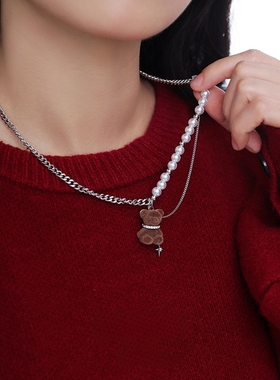 植绒小熊珍珠项链女轻奢百搭