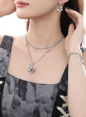 QG金属编织蝴蝶项链双层叠戴原创设计新款时尚简约高级感百搭礼物