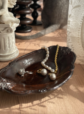 加安加丽中古托盘树脂首饰收纳盘复古装饰果盘家用新中式仿木茶盘