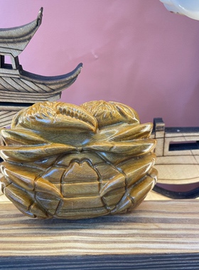 绿檀木质纵横天下螃蟹手把件八方来财把玩件文玩木雕摆件8公分