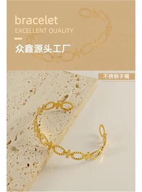 2025新款欧美手饰小众轻奢设计开口金色镂空十字架不锈钢手镯