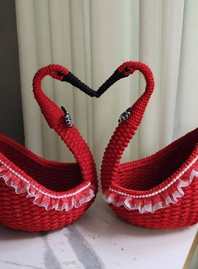 麻绳手工编织红色天鹅婚礼礼品装饰品摆件喜庆一对