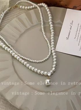法式复古玻璃珍珠双层叠戴项链小米珠配饰女高级感轻奢小众锁骨链