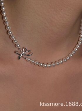 琛墨夏季甜美小众蝴蝶结珍珠项链925纯银珍珠链简约设计感锁骨链