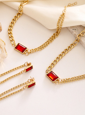 欧美新款时尚简约锆石双链叠戴项链女式方形百搭轻奢潮流饰品套装