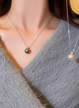灰色珍珠项链女轻奢小众高级感秋冬简约锆石吊坠锁骨链毛衣链配饰