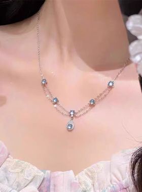 S925纯银海蓝宝流苏吊坠项链法式高级感轻奢复古礼服锁骨链生日礼