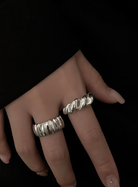 竖纹几何齿轮戒指女复古时尚重工牛角包S925银开口指环麻花食指戒