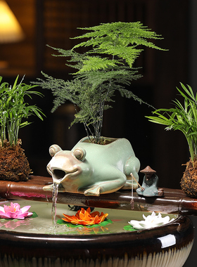 可爱大象青蛙流水陶瓷配件t造景古法养鱼缸循环水配件过滤材料容