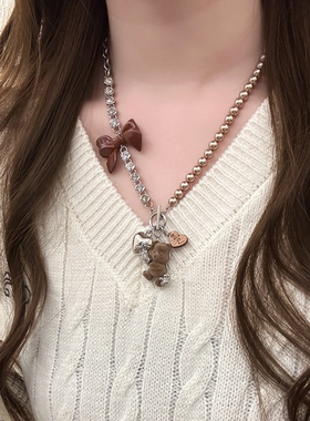 韩系毛绒可爱小熊蝴蝶结珍珠项链女轻奢小众锁骨链甜美百搭毛衣链