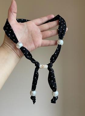 韩系ins风波点串珠黑色丝巾项链女轻奢小众设计配饰可调节锁骨链