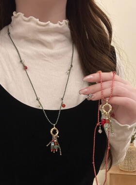 中古vintage爱心串珠流苏编绳项链女复古时尚小众独特气质毛衣链