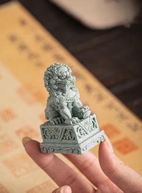 中式国潮青砂文创石狮子公母一对招财茶宠摆件门狮子阳台鱼缸造景
