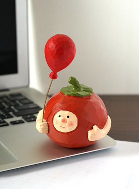 手工木雕可爱蘑菇公仔举气球卡通治愈系办公室桌面装饰品小摆件女