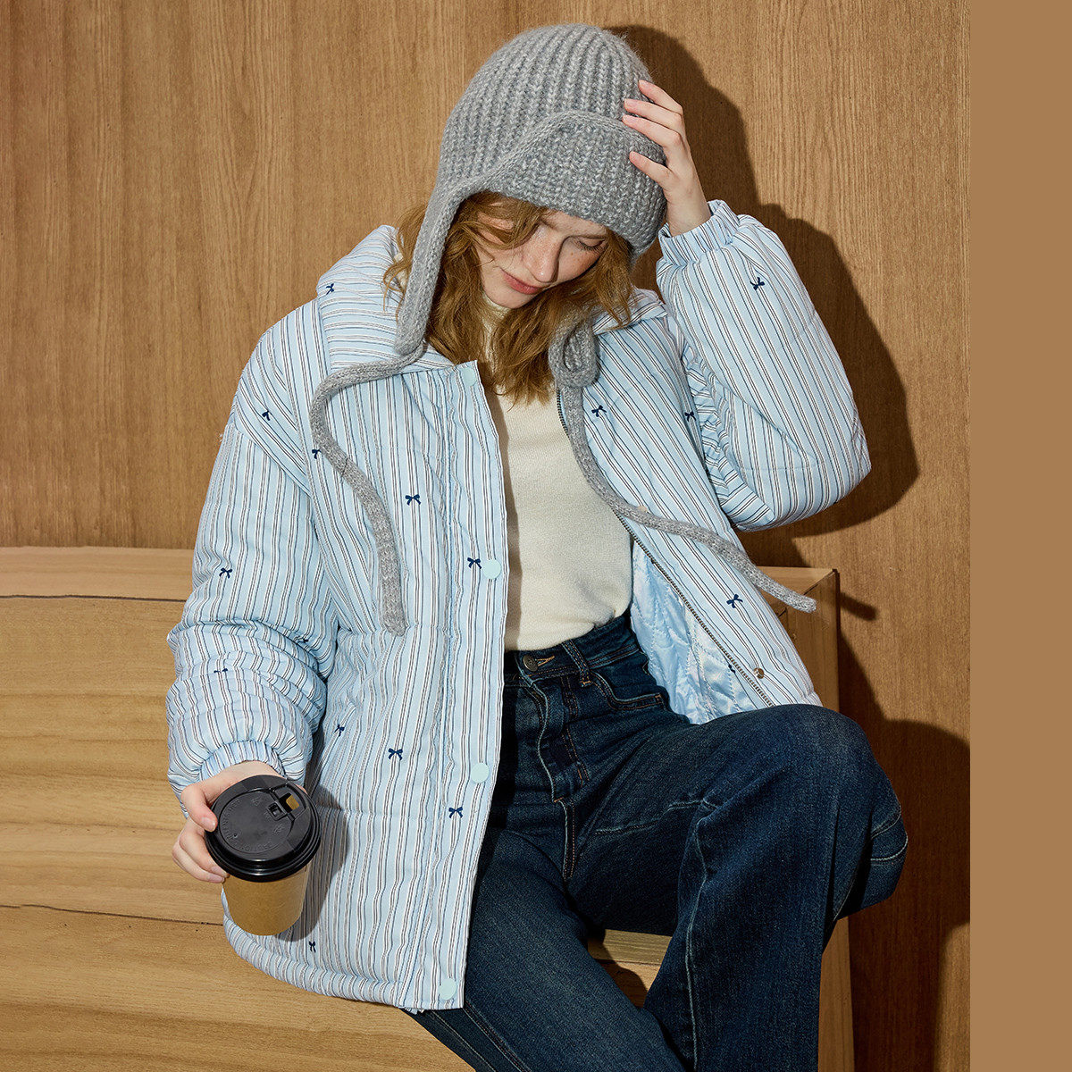 coolhut宽松休闲蝴蝶结竖条纹立领棉服加厚冬季女式棉衣外套,淘宝优惠券,粉丝福利购,淘宝优惠卷