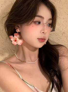 粉色甜美花朵度假风耳环女