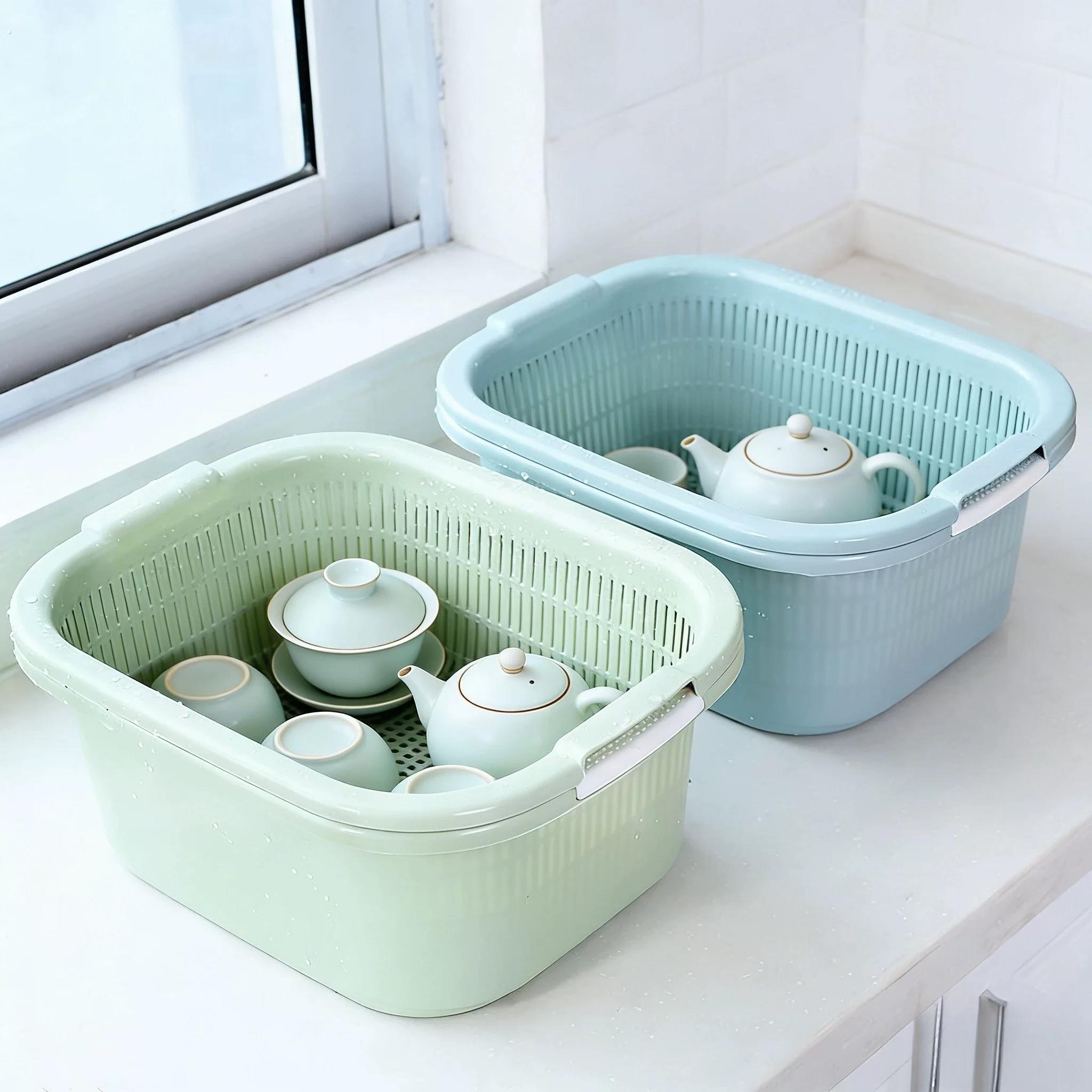 Special basin for tea washing set, double-layer dual-purpose drain and wash basin, plastic drain basket, Kung Fu tea cleaning basin, household