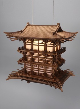 中式木雕古建筑软装前台壁挂装饰空中吊饰悬挂饰品灯实木镜像倒影