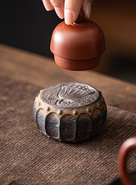 中式铁锈釉荷花鼓盖置盖托茶宠茶玩摆件创意礼品莲蓬茶桌茶盘装饰