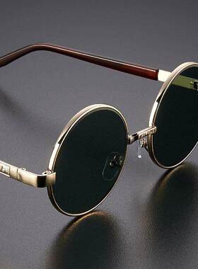 日本水晶玻璃太阳镜男士开车专用圆形复古朋克风师爷眼镜驾驶墨镜