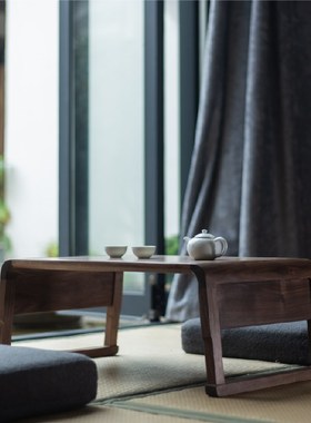 新中式实木炕桌黑胡桃日式榻榻米茶室家具茶桌禅意阳台飘窗茶台