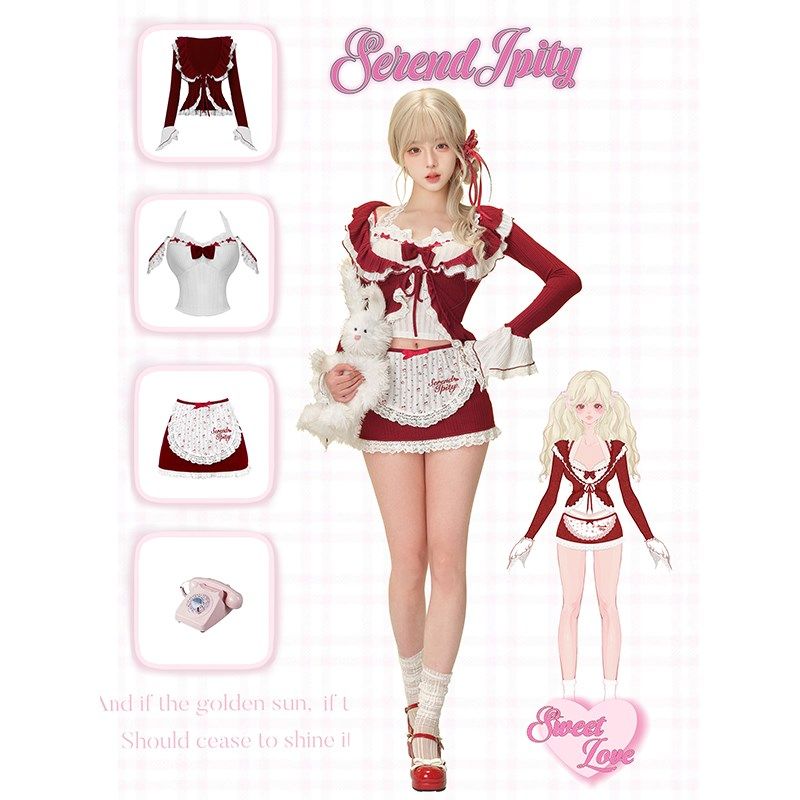 【甜品系】酒樱物语 白色针织吊带+红色包臀短裙+红色荷叶边开衫,淘宝优惠券,粉丝福利购,淘宝优惠卷