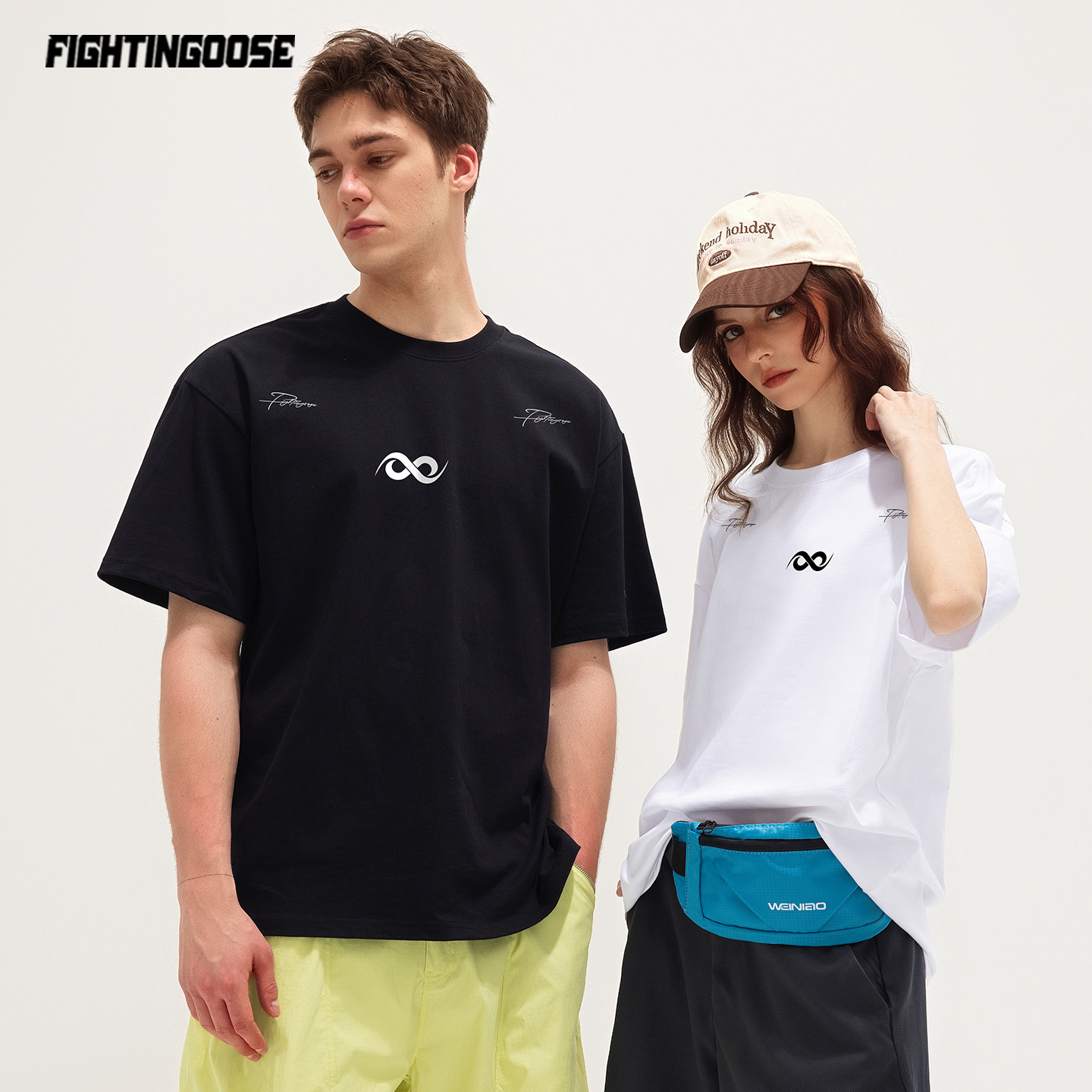 简约休闲字母印花短袖美式穿搭情侣夏男女国潮宽松重磅穿棉t恤 - 图0