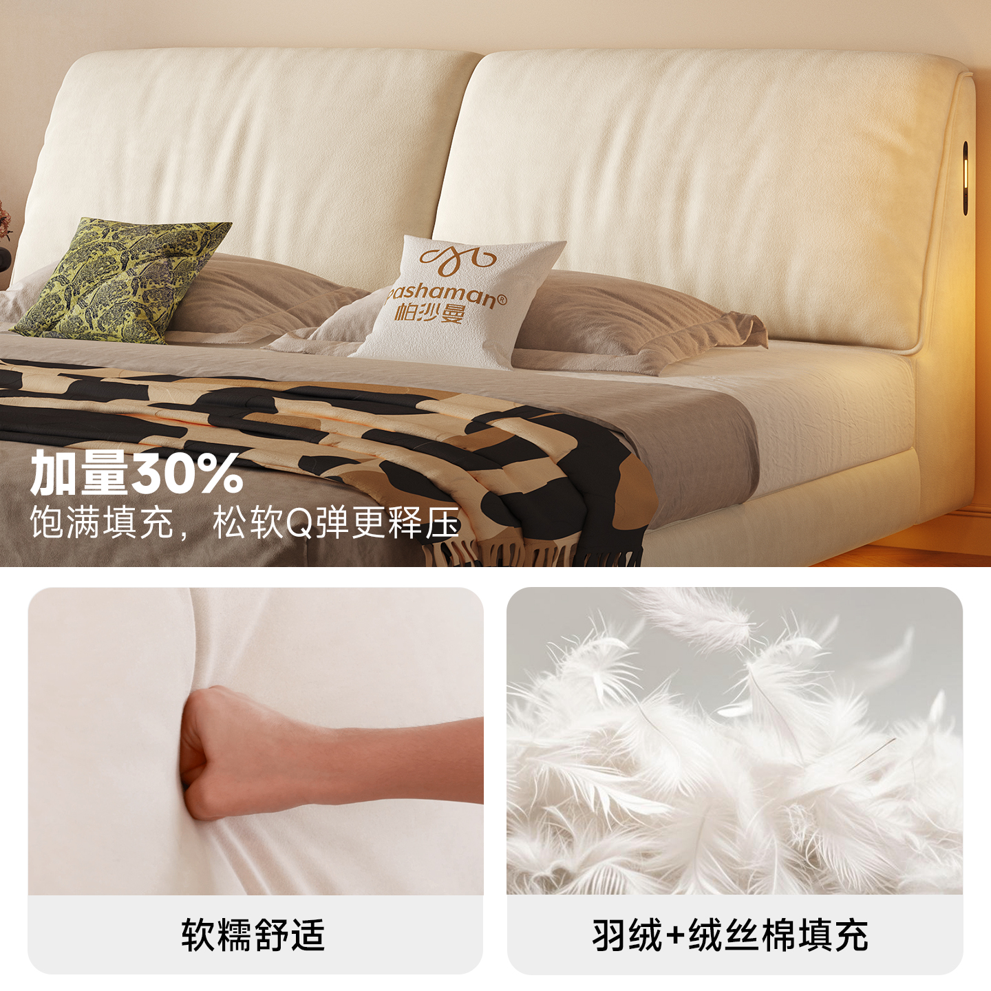 帕沙曼现代简约悬浮床奶油风主卧双人床大象耳朵布艺软包婚床1.8m - 图1