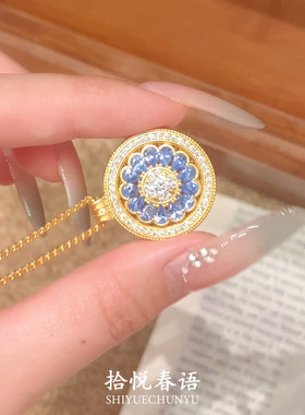 S925纯银蓝色闪钻八宝罗盘项链女