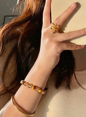 暴富猫原创转运招财天然黄水晶虎眼石手串女金发晶叠戴手链礼物