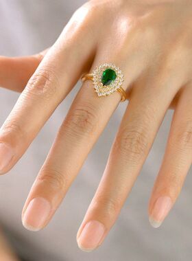 跨境爆款欧美时尚祖母绿锆石几何水滴形戒指可调节铜微镶开口调节