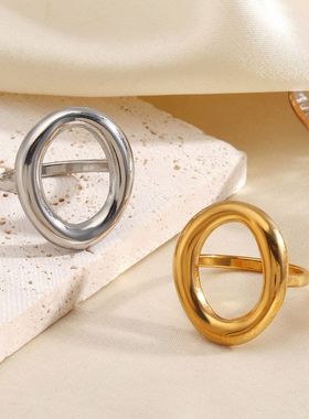 欧美时尚流行不锈钢简约风厚重几何椭圆戒指18K镀金镂空椭圆指环