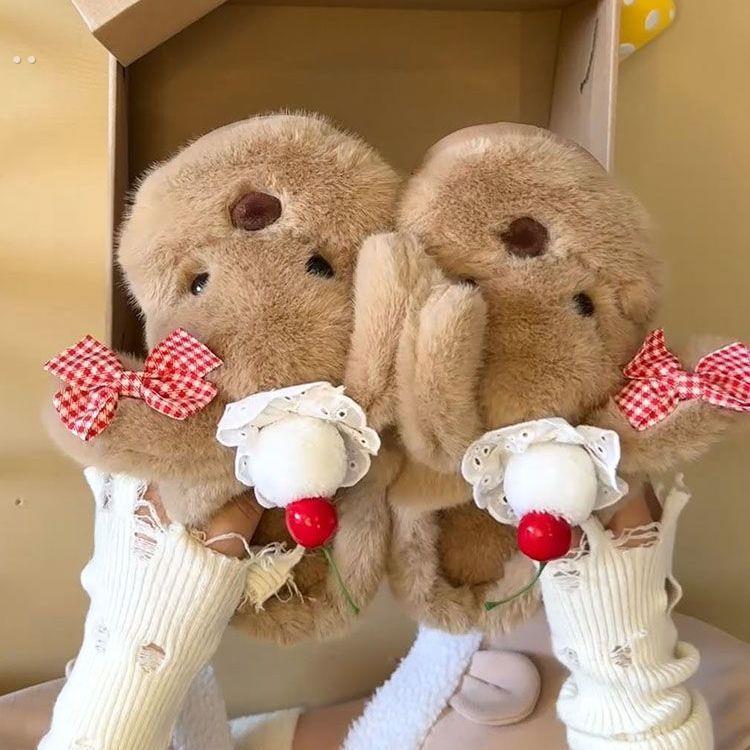 加绒踩屎感居家毛毛鞋冬季保暖厚底室内外穿棉拖鞋女款 - 图1