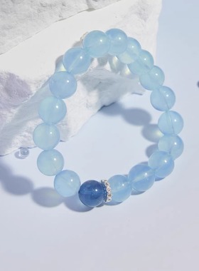 冰种海蓝宝黑曜石手串女款转运珠水晶手链男白水晶蓝色本命年送人