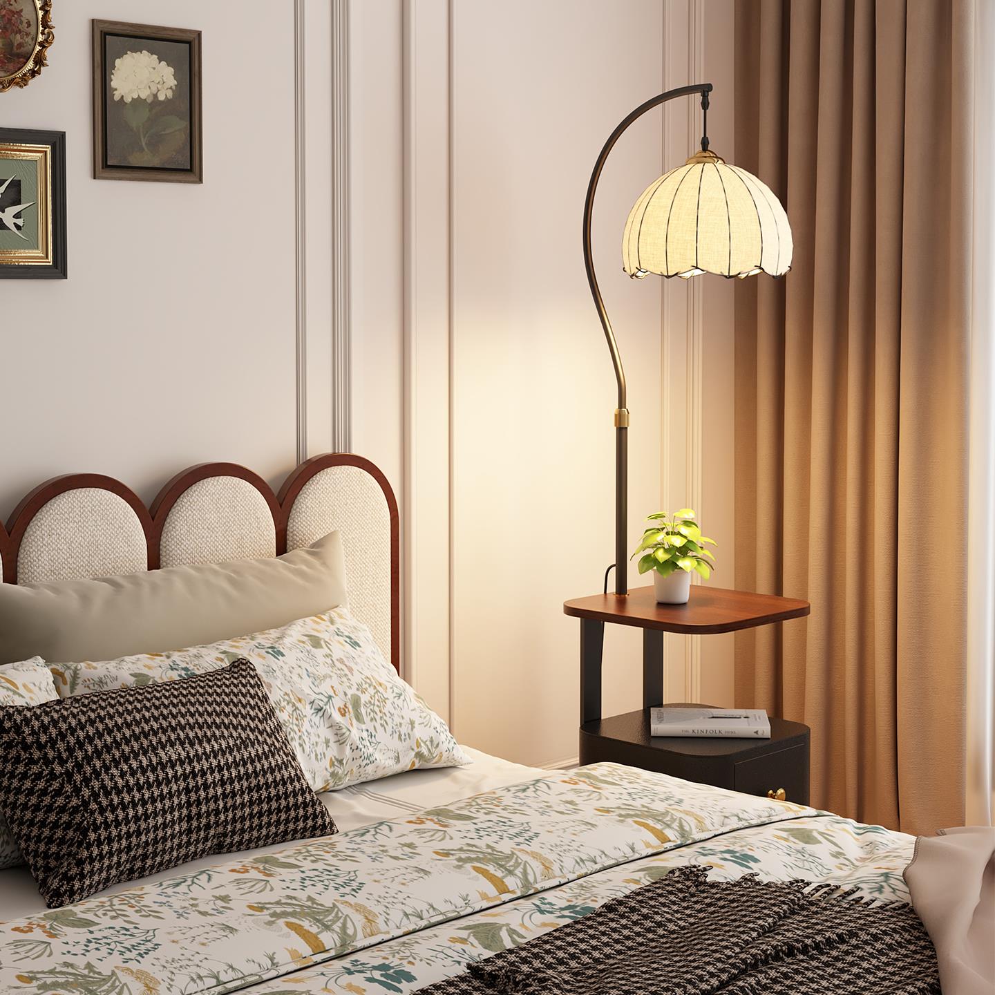 落地灯床头柜一体中古风卧室高级感客厅沙发旁边置物氛围边几台灯 - 图2