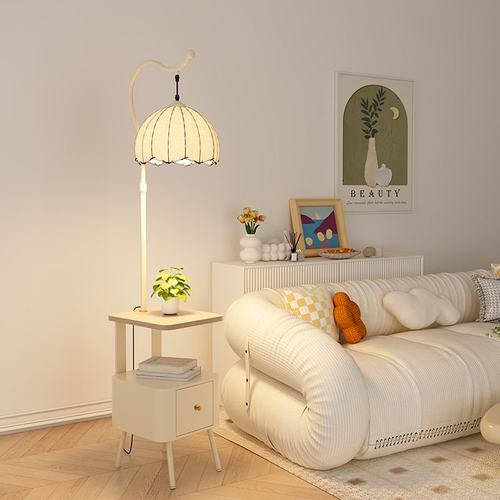 中古风卧室床头柜台灯落地灯客厅沙发旁边高级感置物架一体氛围灯 - 图2