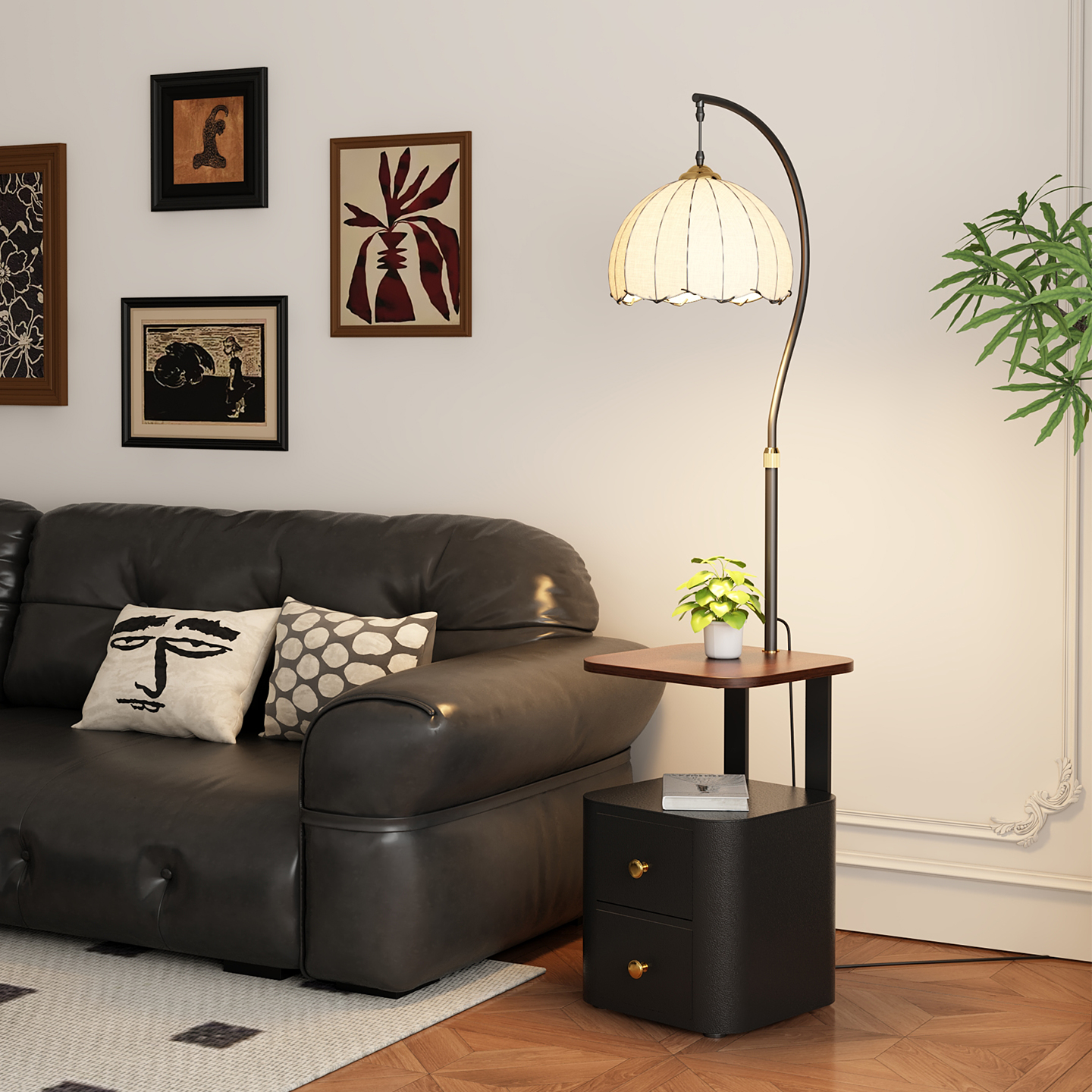 落地灯床头柜一体中古风卧室高级感客厅沙发旁边置物氛围边几台灯 - 图0