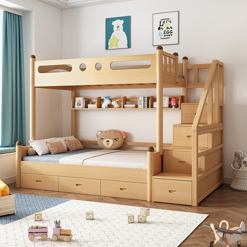 榉木高低床全实木儿童上下床双层床子母床多功能小户型两层上下铺,淘宝优惠券,粉丝福利购,淘宝优惠卷