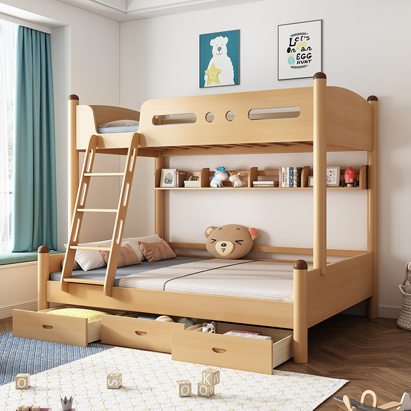 榉木高低床全实木儿童上下床双层床子母床多功能小户型两层上下铺,淘宝优惠券,粉丝福利购,淘宝优惠卷