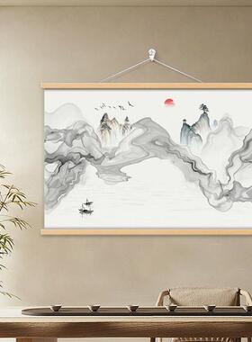 新中式湖光山色客厅装饰画书房水墨山水画茶室挂画沙发背景墙壁画