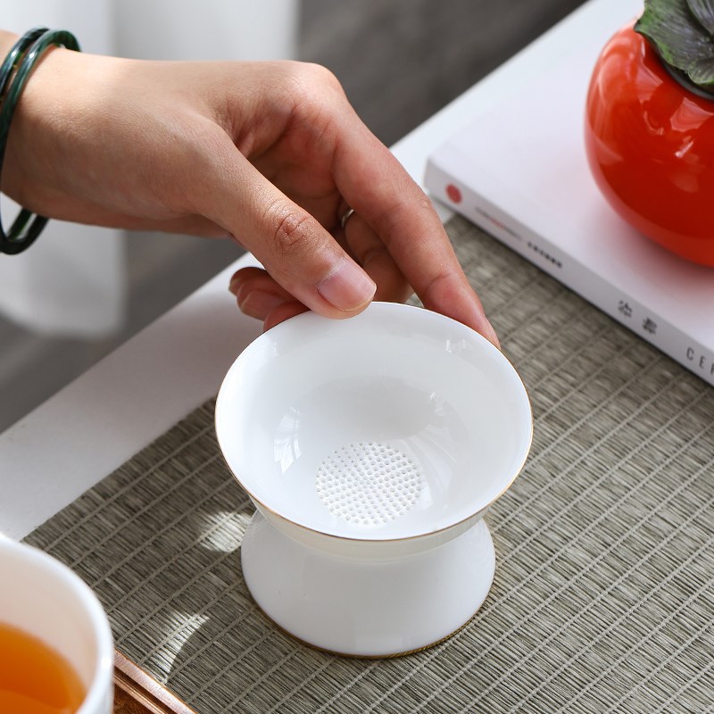羊脂玉茶漏茶滤套组茶叶过滤网陶瓷功夫茶K具配件一体茶水分离茶 - 图0